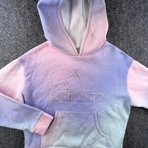 Adidas girls hoodie tie dye pink blue fleece lined medium 10-12 big logo, pocket